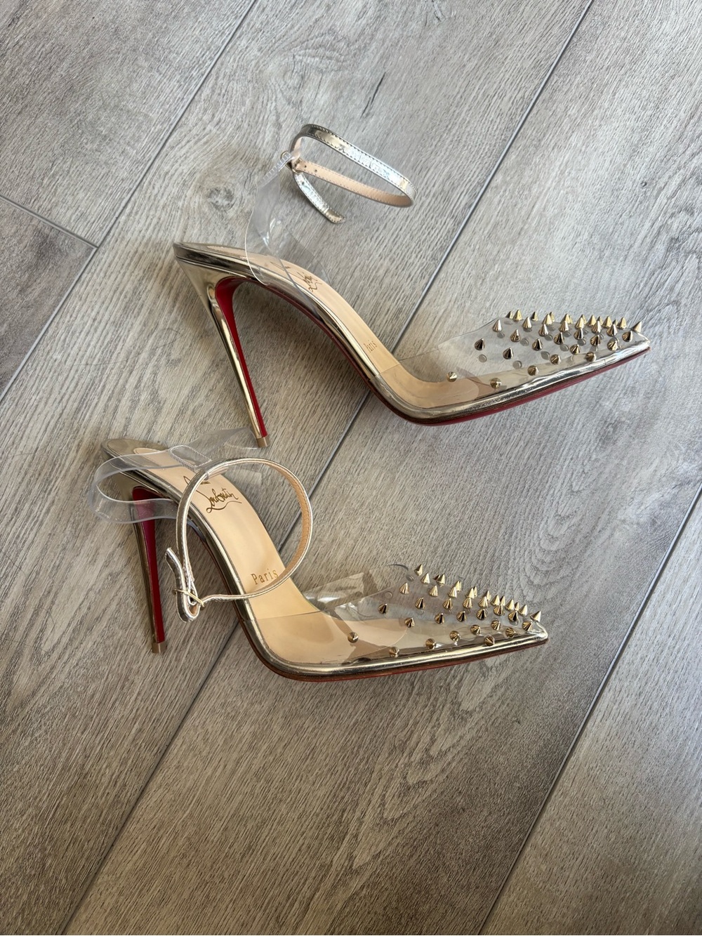 Christian Louboutin Clear PVC Pointed-Toe Slingbacks with Gold Spikes - Picture 3 of 6